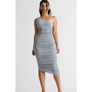 ❤️Olive Tree Light Blue One Shoulder Ruched Midi Dress Size Small